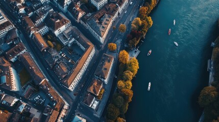 Obraz premium Overhead shot of the historic cityscape of Zurich, with its blend of modern architecture and historic landmarks.
