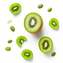 Fototapeta premium A whole kiwi, sliced in half with some thin slices floating around, showing the bright green flesh and tiny seeds, isolated on a white background