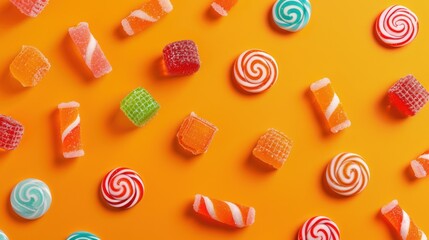 A playful pattern of different candies on an orange background.