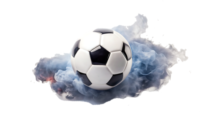 a soccer ball with smoke PNG isolated on white background.AI GENERATED