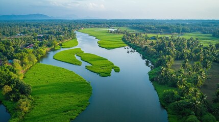 Overhead view of the backwaters of Kerala, with winding canals and lush green paddy fields creating a picturesque landscape.