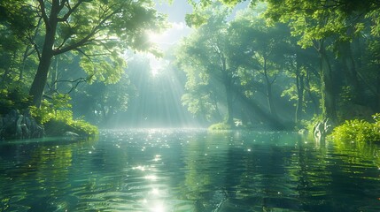 Obraz premium A serene river scene with John baptizing Jesus, reflections of the sky and trees on the water's surface, sunlight filtering through the trees, creating a divine effect,