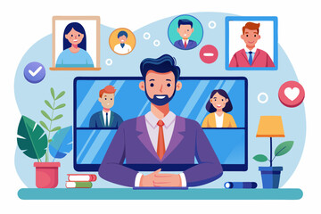 Video conference. Business communication with colleagues online. A man being at home communicates
