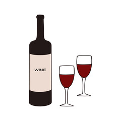 A bottle of red wine with two filled glasses on a simple background