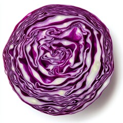 Obraz premium A whole red cabbage, sliced into thin rounds, floating with layers slightly separated, showing the vibrant purple color and crisp texture, isolated on a white background