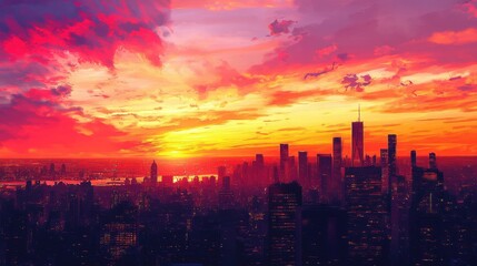 Spectacular sunset over a bustling cityscape, with the skyline silhouetted against a fiery orange and pink sky.