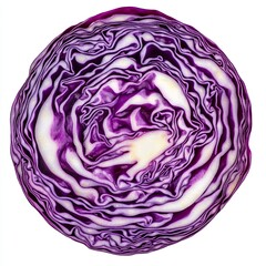 Fototapeta premium A whole red cabbage, sliced into thin rounds, floating with layers slightly separated, showing the vibrant purple color and crisp texture, isolated on a white background
