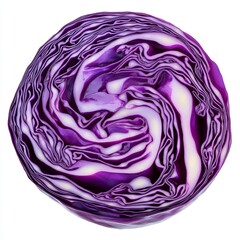 Obraz premium A whole red cabbage, sliced into thin rounds, floating with layers slightly separated, showing the vibrant purple color and crisp texture, isolated on a white background