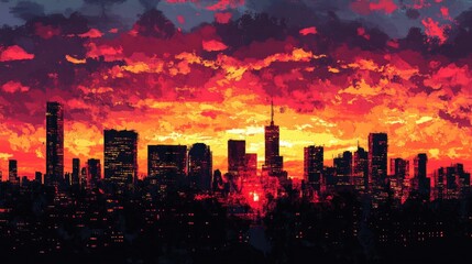 Fototapeta premium Spectacular sunset over a bustling cityscape, with the skyline silhouetted against a fiery orange and pink sky.