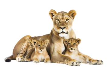 lioness with two cubs laying down white background