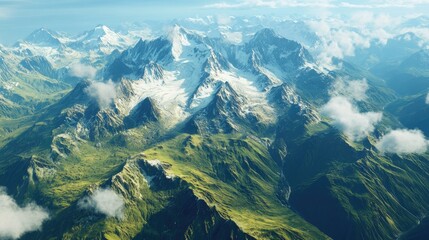Top view of the scenic high-altitude plateau in the Swiss Alps, with rolling meadows and snow-capped peaks.