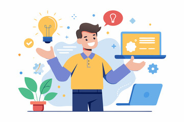 Concept of a great idea. Man shows gesture. Solution of the problem. Vector illustration
