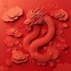 Fototapeta premium Elegant Snake Zodiac: Traditional Chinese New Year Paper-cut Design on Red Background. Festive Lunar Celebration Artwork with Auspicious Clouds and Cultural Symbols. High-End 4K Wallpaper for Marketin