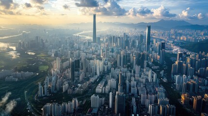 Top view of the sprawling city of Shenzhen, with its modern skyline and urban development visible from above.