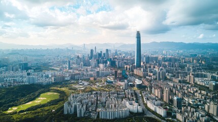 Obraz premium Top view of the sprawling city of Shenzhen, with its modern skyline and urban development visible from above.