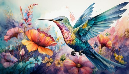  A pastel painting featuring a delicate hummingbird hovering among a vibrant array of colorfu