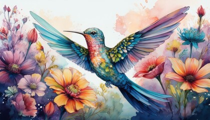 Obraz premium A pastel painting featuring a delicate hummingbird hovering among a vibrant array of colorfu