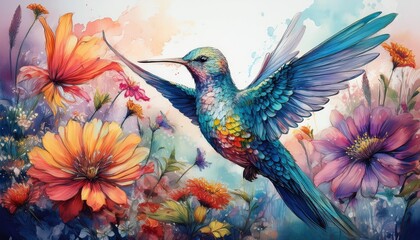 Obraz premium A pastel painting featuring a delicate hummingbird hovering among a vibrant array of colorfu