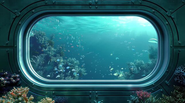 Breathtaking underwater landscape visible through a submarine window, showcasing vibrant marine life and colorful coral reefs in a s Seamless looping 4k time-lapse virtual video animation Generated AI