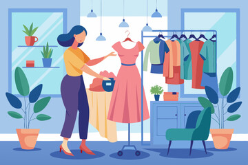 Women's shopping. The girl is trying on a new dress in the store
