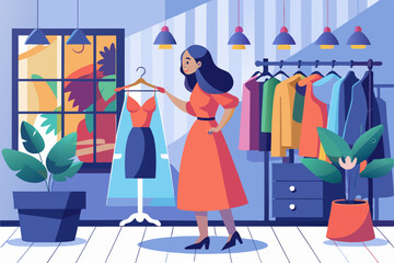 Women's shopping. The girl is trying on a new dress in the store
