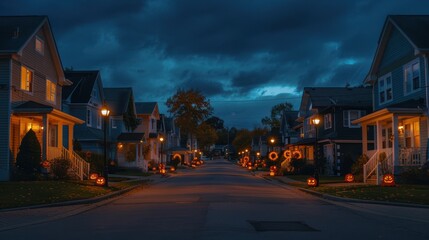 A street view of houses with Halloween decorations glowing in the dark.