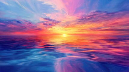 Vibrant sunset over a calm lagoon, with the water reflecting the colorful sky and a soft breeze creating gentle ripples.