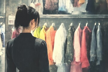 Fototapeta premium A woman admires colorful clothing in a boutique, showcasing her fashion sense and style choices amidst vibrant apparel displays.