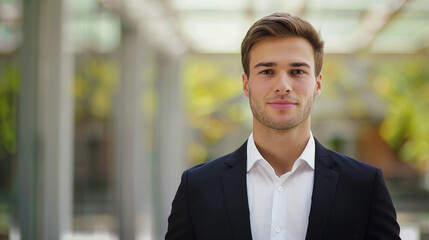 Fototapeta premium Professional man in a sharp suit conducting a virtual interview against a modern, technologically advanced background, symbolizing innovative remote hiring and corporate communication strategies