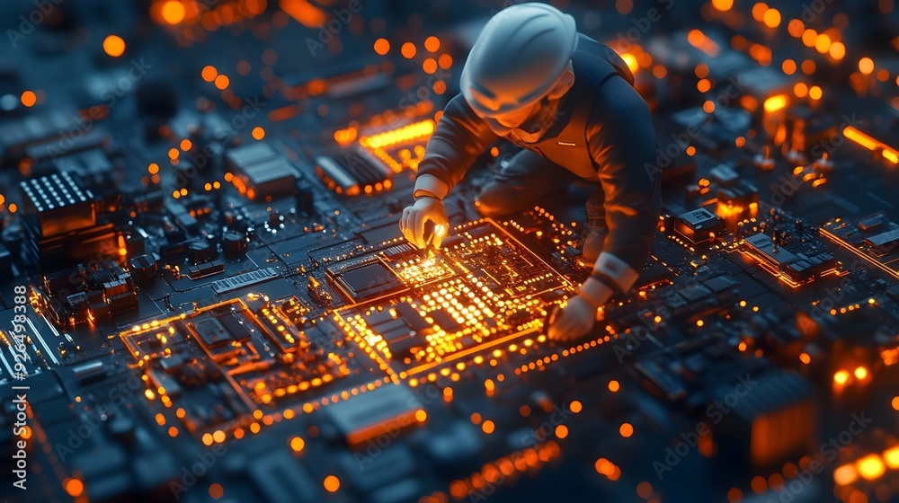 Poster electrical engineer troubleshooting complex circuit system on control panel