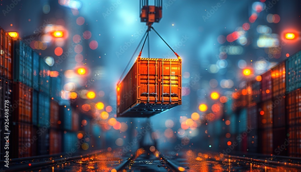 Canvas Prints 3d tower crane lifting a cargo container in dark blue background.