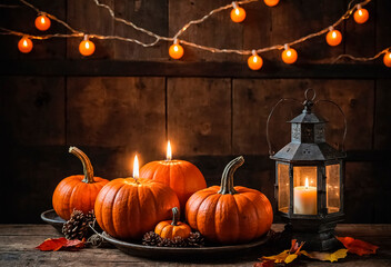 Beautiful orange pumpkins, burning candles and a vintage lantern on a wooden background