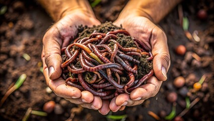 A pair of human hands gently cradling a cluster of active earthworms amidst rich, dark fertile soil, symbolizing sustainable agriculture and soil health