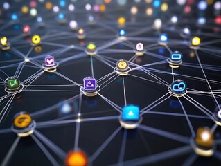 A 3D network of search engine icons connected by glowing threads, symbolizing the interconnectedness of digital searches