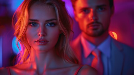Obraz premium A couple poses elegantly in a vibrant nightclub, surrounded by colorful lighting in the evening