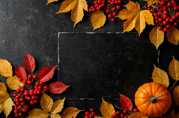 Autumn background with yellow leaves, pumpkins and berries. Image with copy space for Thanksgiving, Halloween	