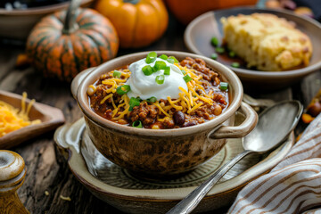 A pumpkin chili served in a rustic bowl, garnished with sour cream, chopped green onions, and shredded cheese, with cornbread on the side.