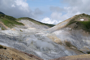 夏の立山、蒸気を上げる地獄谷