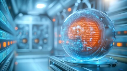 A futuristic data center with a central AI core, pulsating with light,