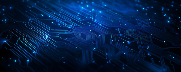 Abstract blue digital background with circuit board elements and glowing lights, representing technology and innovation in computer engineering.