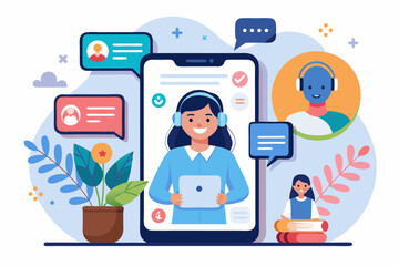 Online assistant. The concept of assistance and counseling through a mobile device. Consultant in the smartphone
