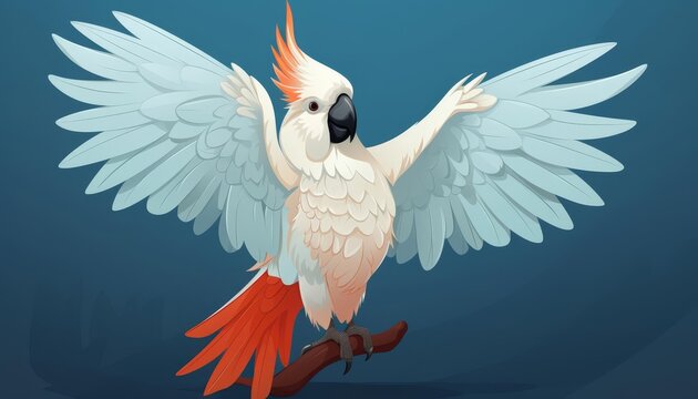 white cockatoo with wings spread on branch clip art preview