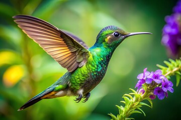 Fototapeta premium Vibrant Scaly-breasted hummingbird hovers in mid-air, iridescent feathers glistening, as it sips nectar from delicate purple flowers in a tropical lush green forest atmosphere.
