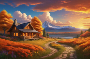 Obraz premium A house in the mountains. Autumn landscape.