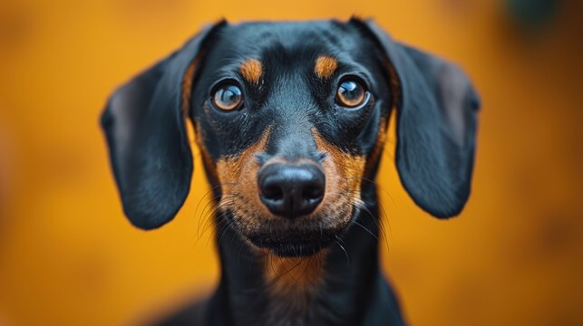 A close-up of a curious dachshund with a shiny coat against a warm backdrop - Powered by Adobe