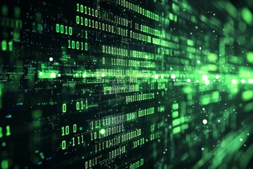 Naklejka premium Green Dark Binary Code with Data Streaming Background created with Generative AI