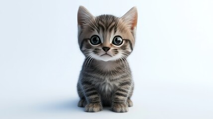 Obraz premium A cute 3D kitten with big eyes and a curious expression, sitting on a white background.