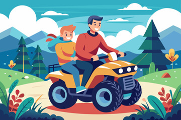 Active holidays. Quad biking. Man and boy are riding a quad bike
