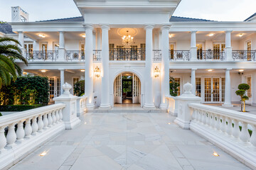 Elegant neoclassical luxury mansion home, white, stately, two story