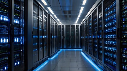 Fototapeta premium Data center with illuminated server racks and cable management systems at night